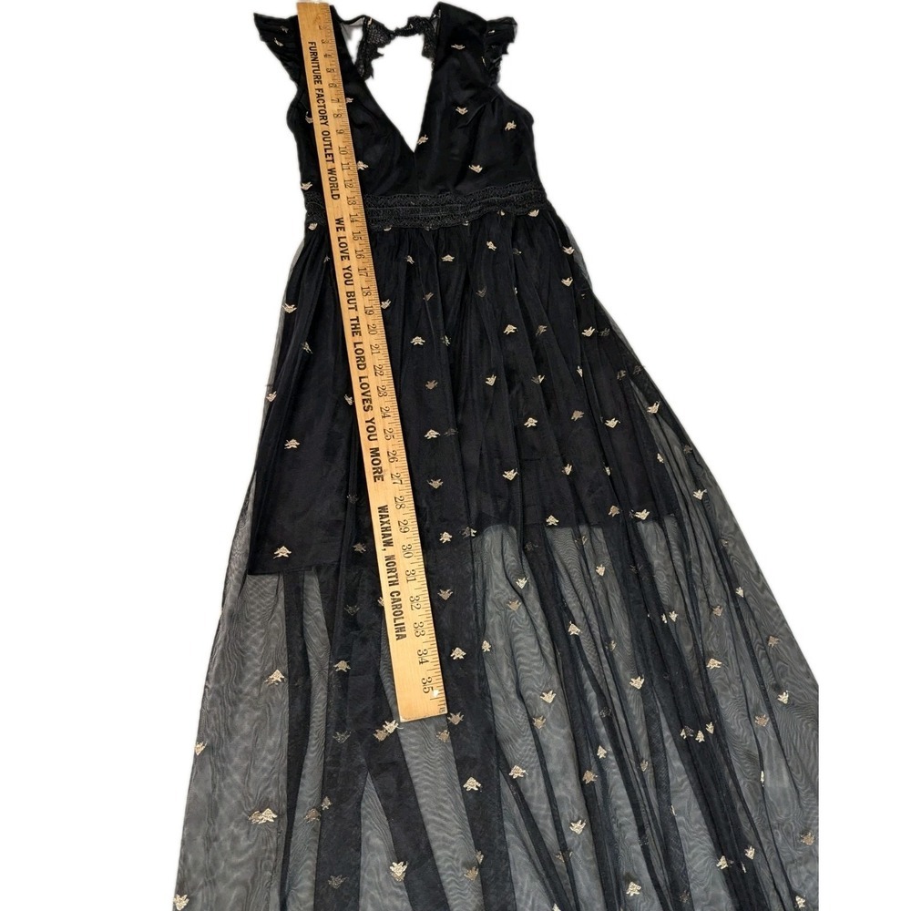 Romantic Black Embroidered Bee Mesh Maxi Dress | Ethereal Dark Cottagecore - Picture 3 of 16